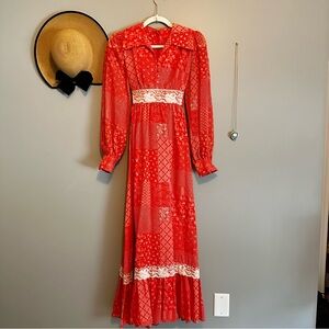 Vintage hand made red maxi dress with lace detail